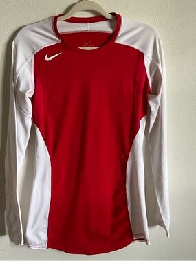 Nike Red and White Long Sleeve Athletic Top Tee Dri Fit M